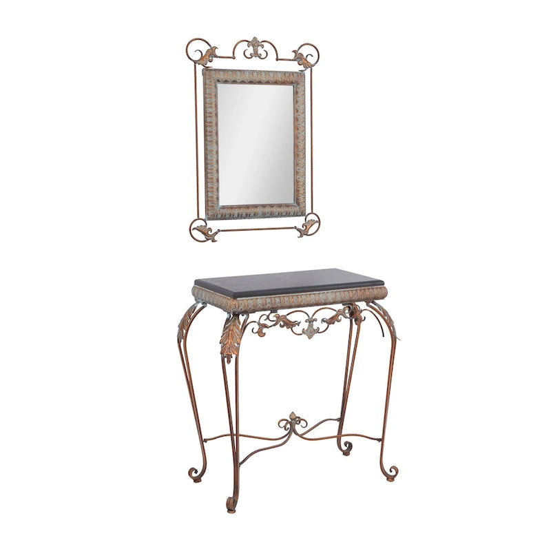 Metal Leaf Console Table with Mirror with Scrolled Legs - Set of 2 Bronze - Roche River Decor - 1W x 23L x 32H