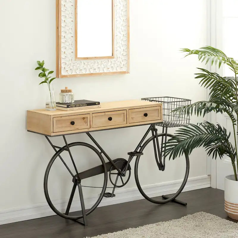 Metal Bike 3 Drawers Console Table with Brown Wood Top - Black - Roche River Decor - 15Wx58Lx34H