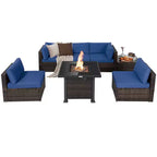 Costway 7PCS Patio Rattan Furniture Set Fire Pit Table Cover Glass Top Cushion Off White\Black\Navy\Red\Turquoise