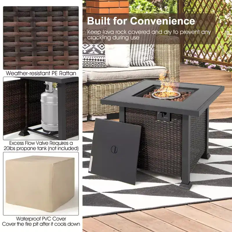 Costway 7PCS Patio Rattan Furniture Set Fire Pit Table Cover Glass Top Cushion Off White\Black\Navy\Red\Turquoise