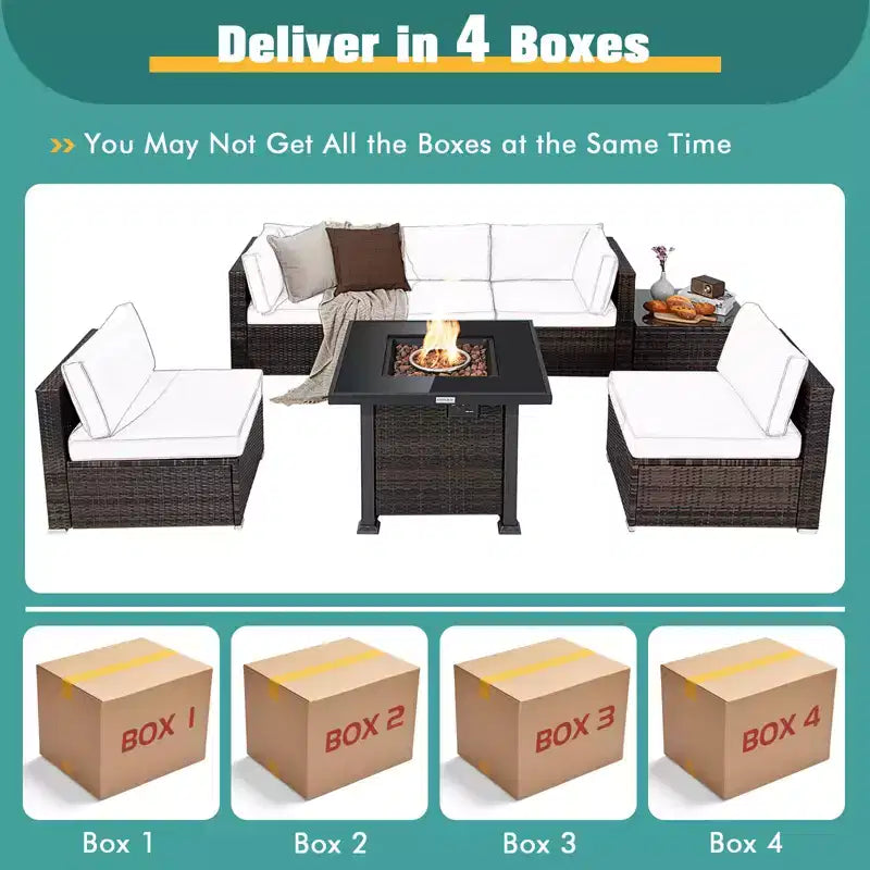 Costway 7PCS Patio Rattan Furniture Set Fire Pit Table Cover Glass Top Cushion Off White\Black\Navy\Red\Turquoise