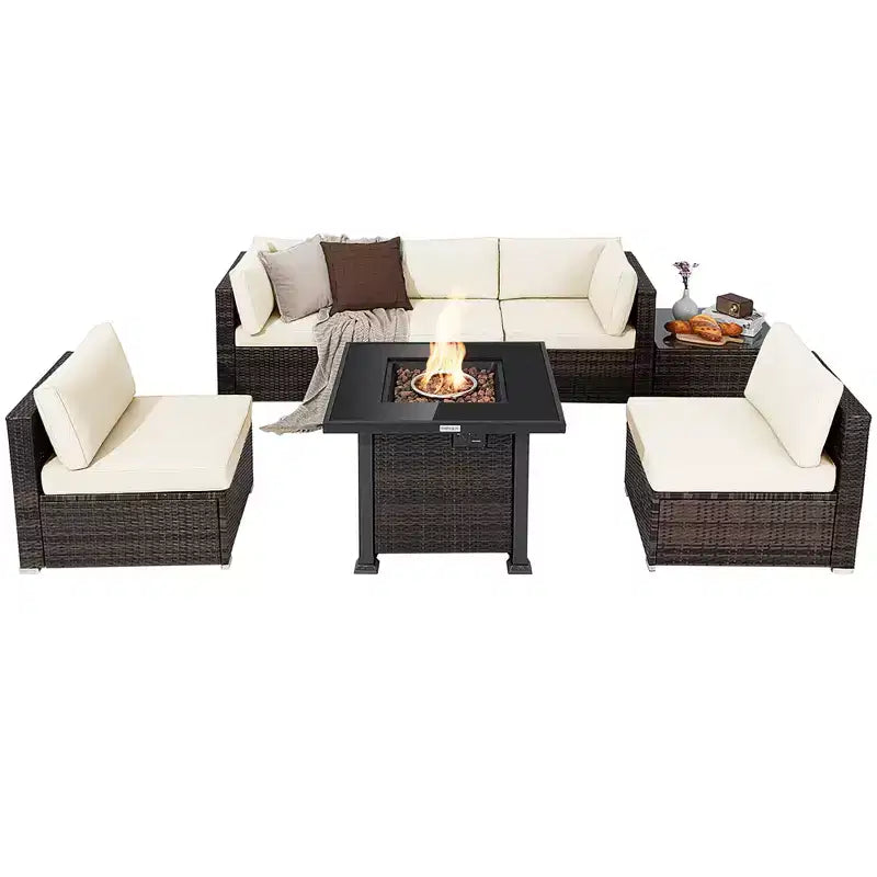 Costway 7PCS Patio Rattan Furniture Set Fire Pit Table Cover Glass Top Cushion Off White\Black\Navy\Red\Turquoise