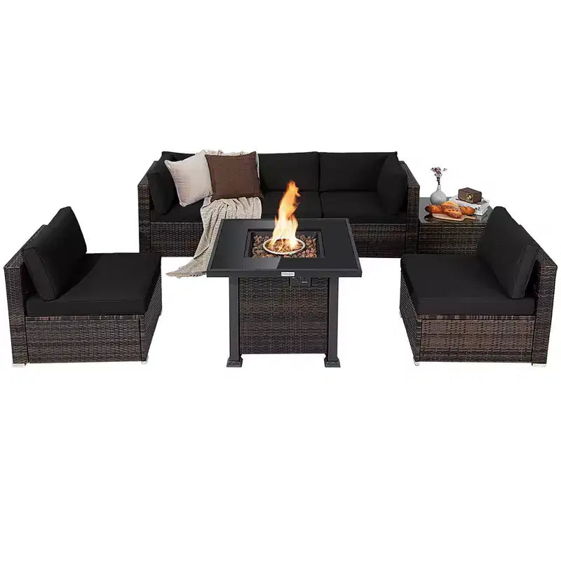 Costway 7PCS Patio Rattan Furniture Set Fire Pit Table Cover Glass Top Cushion Off White\Black\Navy\Red\Turquoise