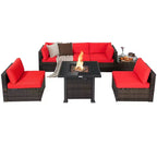 Costway 7PCS Patio Rattan Furniture Set Fire Pit Table Cover Glass Top Cushion Off White\Black\Navy\Red\Turquoise