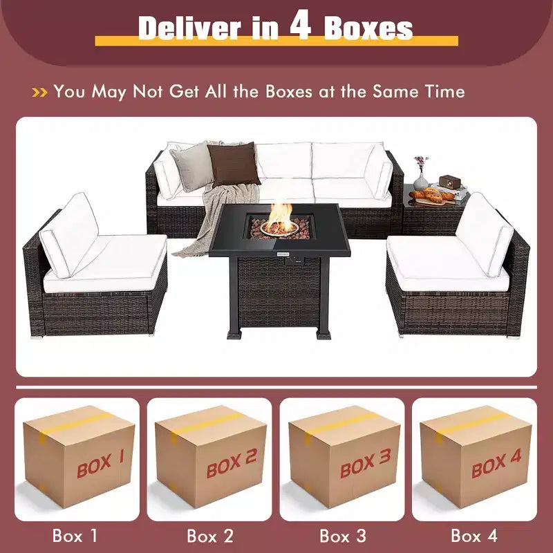 Costway 7PCS Patio Rattan Furniture Set Fire Pit Table Cover Glass Top Cushion Off White\Black\Navy\Red\Turquoise