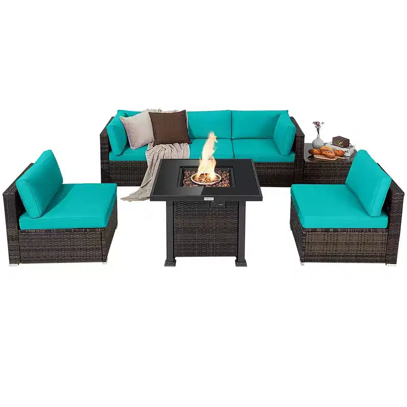 Costway 7PCS Patio Rattan Furniture Set Fire Pit Table Cover Glass Top Cushion Off White\Black\Navy\Red\Turquoise