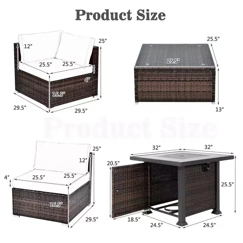 Costway 7PCS Patio Rattan Furniture Set Fire Pit Table Cover Glass Top Cushion Off White\Black\Navy\Red\Turquoise