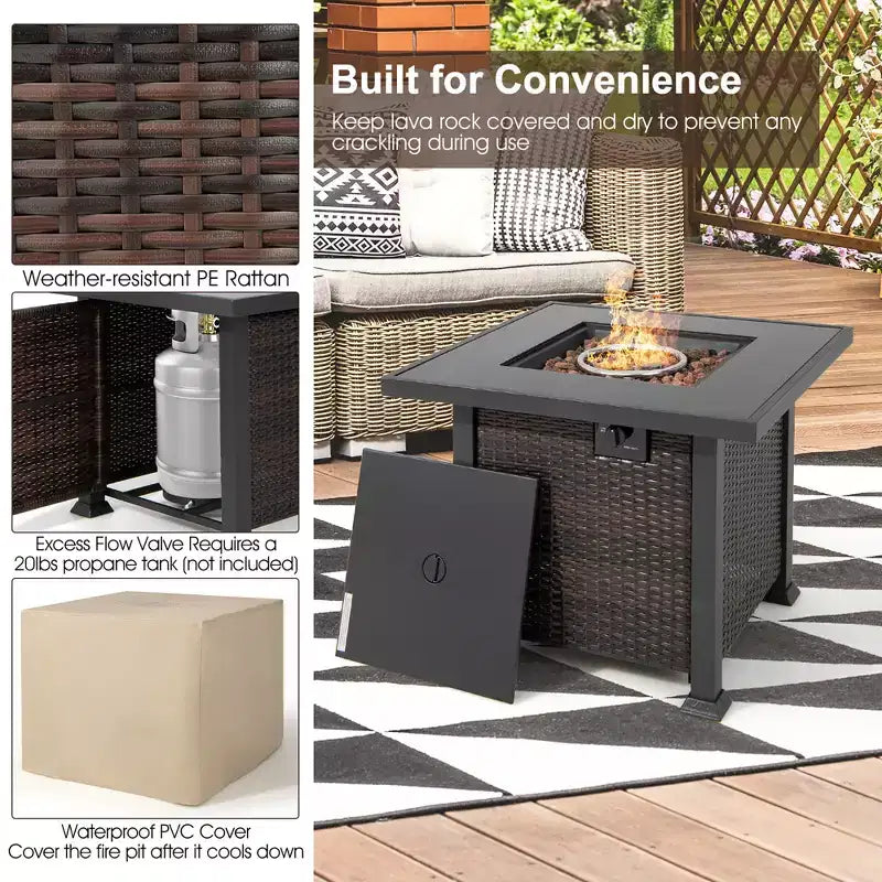 Costway 7PCS Patio Rattan Furniture Set Fire Pit Table Cover Glass Top Cushion Off White\Black\Navy\Red\Turquoise