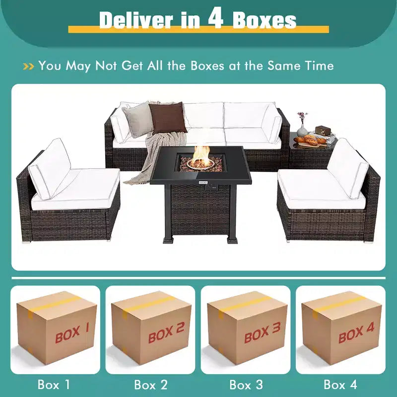 Costway 7PCS Patio Rattan Furniture Set Fire Pit Table Cover Glass Top Cushion Off White\Black\Navy\Red\Turquoise