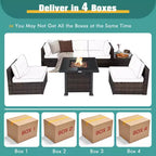 Costway 7PCS Patio Rattan Furniture Set Fire Pit Table Cover Glass Top Cushion Off White\Black\Navy\Red\Turquoise