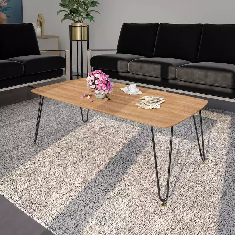 LeisureMod Elmwood 47 Rectangular Modern Wood Coffee Table  Metal Legs, Brown Finish, Accent Table for Living Room, Lounge & Contemporary Spaces