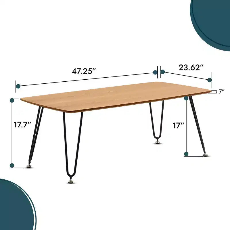 LeisureMod Elmwood 47 Rectangular Modern Wood Coffee Table  Metal Legs, Brown Finish, Accent Table for Living Room, Lounge & Contemporary Spaces