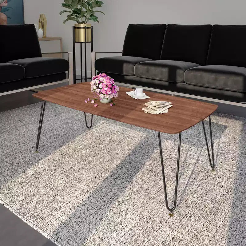 LeisureMod Elmwood 47 Rectangular Modern Wood Coffee Table  Metal Legs, Brown Finish, Accent Table for Living Room, Lounge & Contemporary Spaces