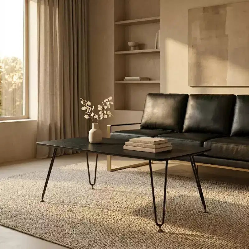 LeisureMod Elmwood 47 Rectangular Modern Wood Coffee Table  Metal Legs, Brown Finish, Accent Table for Living Room, Lounge & Contemporary Spaces