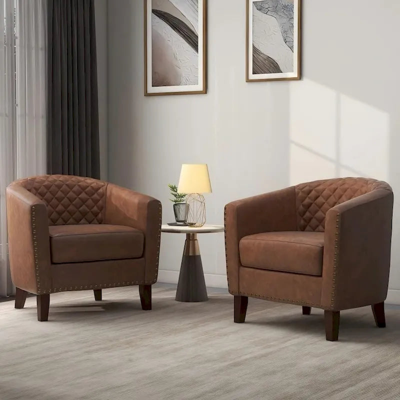 2 Set Vegan Leather Barrel Accent Chairs with Nailheads Trim