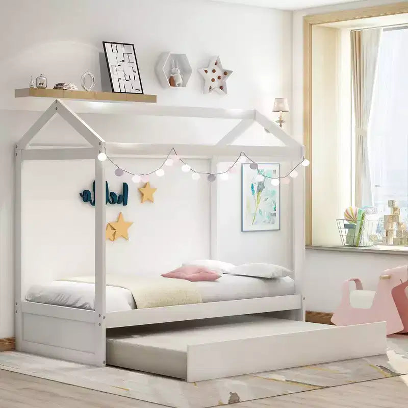 Wooden Twin Size Bed Frames With Twin Size Trundle, Easy Assembly, Platform Bed Frame, Slat Mattress Foundation
