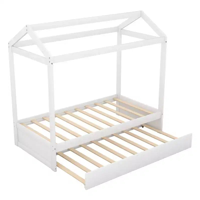 Wooden Twin Size Bed Frames With Twin Size Trundle, Easy Assembly, Platform Bed Frame, Slat Mattress Foundation