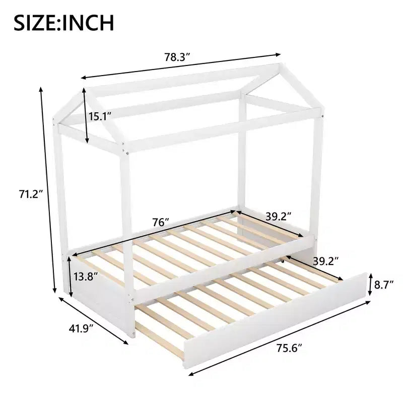 Wooden Twin Size Bed Frames With Twin Size Trundle, Easy Assembly, Platform Bed Frame, Slat Mattress Foundation