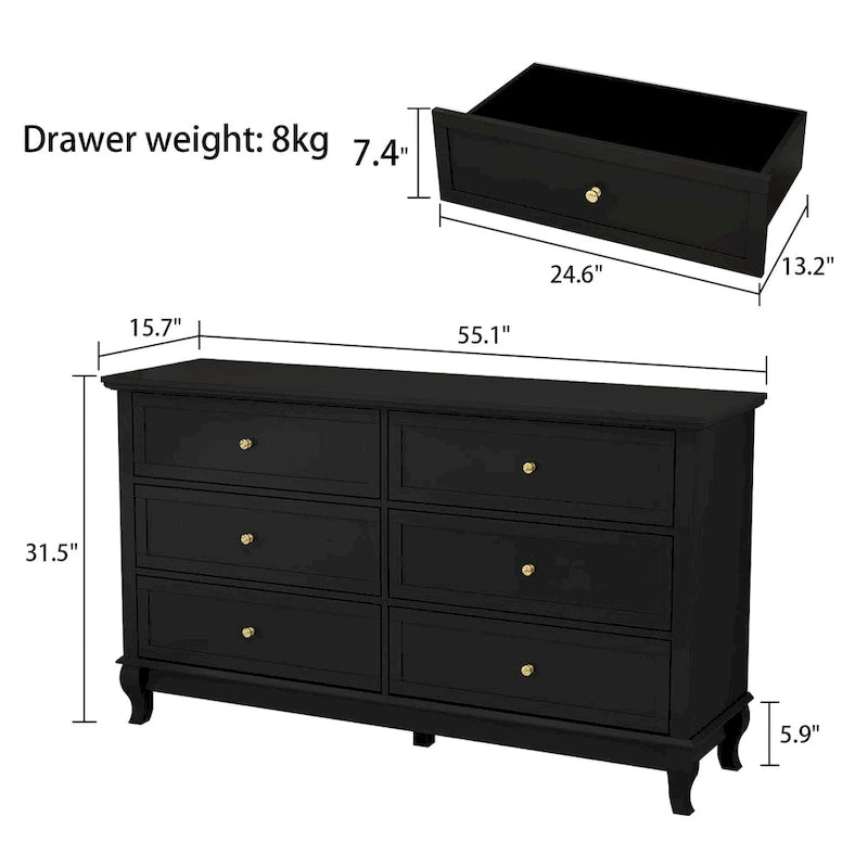 Dresser for Bedroom with Deep Drawers Wooden 6 Drawer Double Dresser