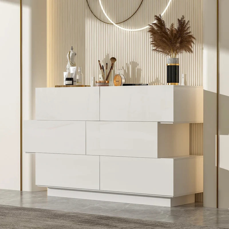 High Glossy Six-Drawer Dresser Chest with Off-Set Design (Black/White)