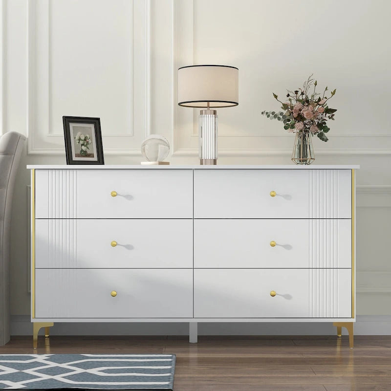 White Lacquer Dresser 6 Drawer Dresser with Metal Handle and Legs