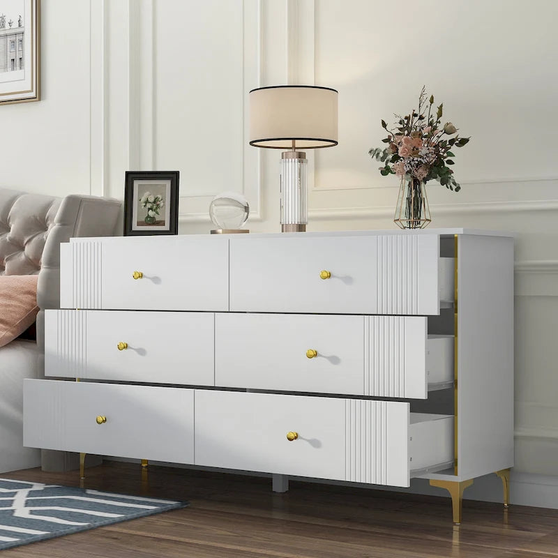 White Lacquer Dresser 6 Drawer Dresser with Metal Handle and Legs