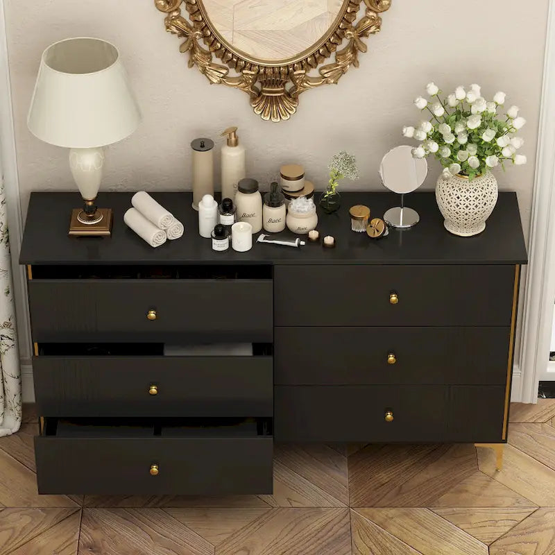 White Lacquer Dresser 6 Drawer Dresser with Metal Handle and Legs