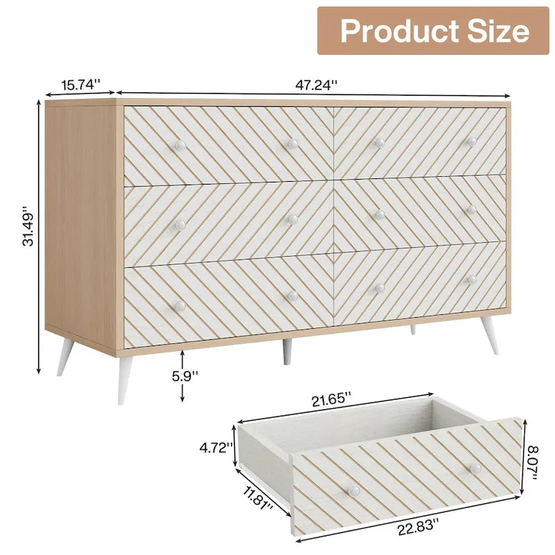 6-Drawer Double Dresser for Bedroom, 47-inch Chest of Drawers with Metal Legs for Living Room