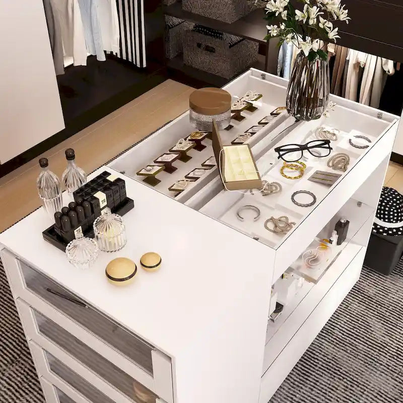Glass-Top Closet Organizer White Dressing Island Ample Storage Dresser