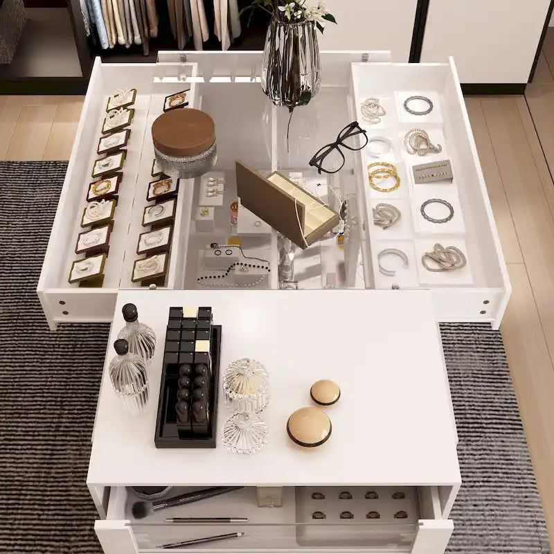 Glass-Top Closet Organizer White Dressing Island Ample Storage Dresser