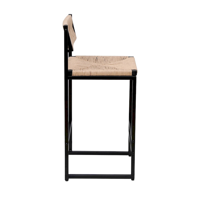 Set of 2 Paper Rope Weave Bar Stools with Footrest