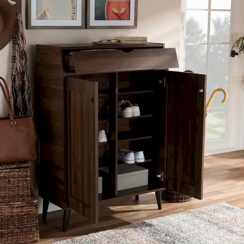 Mid-Century Walnut Brown 2-Door Shoe Storage Cabinet