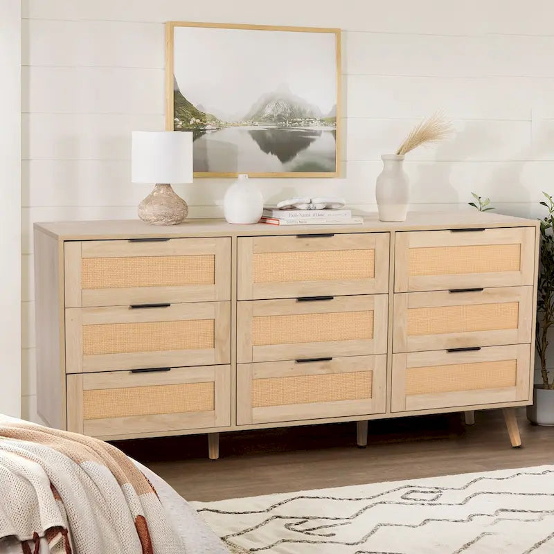 Commode de Rangement à 9 Tiroirs, Meuble de Rangement, Organisateur de Chambre à Coucher Style Rotin