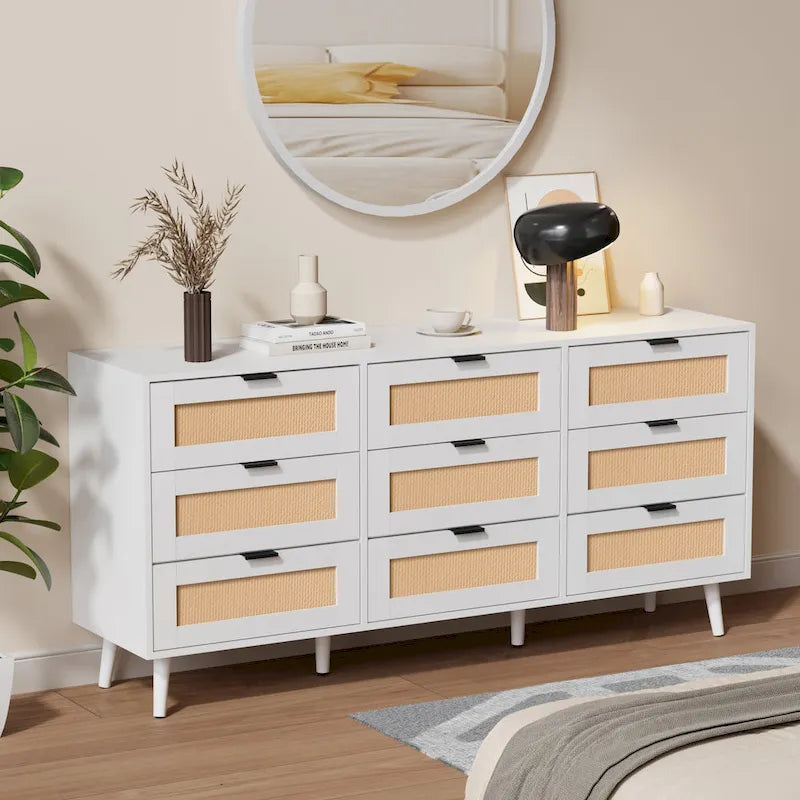 Commode de Rangement à 9 Tiroirs, Meuble de Rangement, Organisateur de Chambre à Coucher Style Rotin