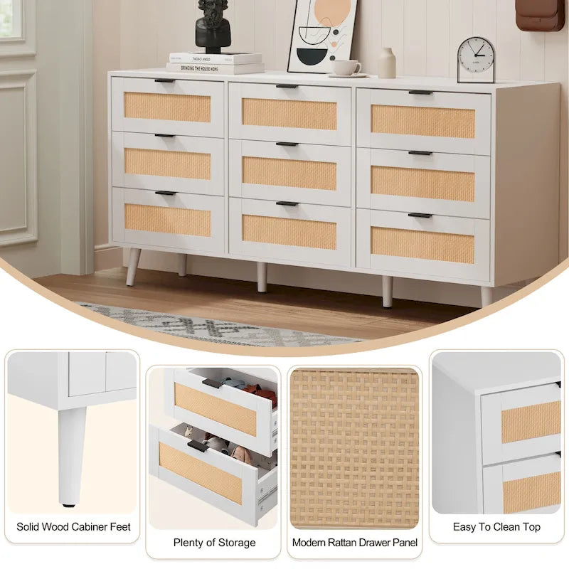 Commode de Rangement à 9 Tiroirs, Meuble de Rangement, Organisateur de Chambre à Coucher Style Rotin