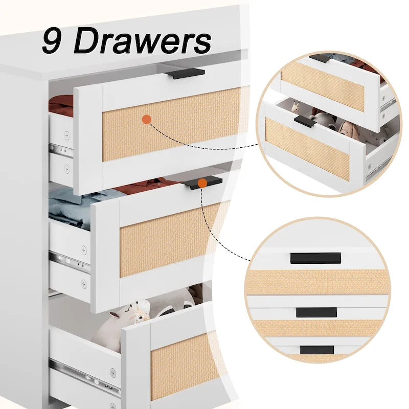 Commode de Rangement à 9 Tiroirs, Meuble de Rangement, Organisateur de Chambre à Coucher Style Rotin