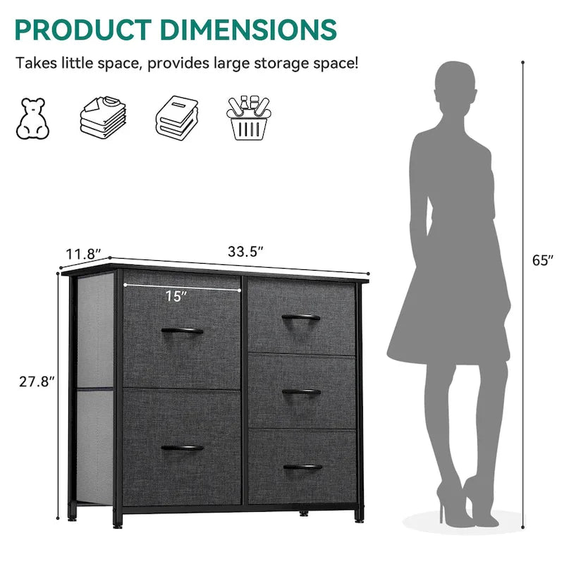 5-drawers Furniture Storage Chest Grey Dresser Organizer