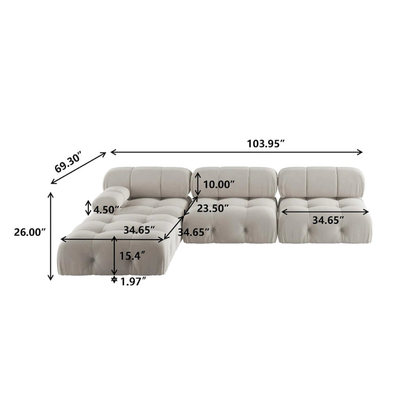 104 Wide Velvet Reversible Modular Sofa & Chaise with Ottoman