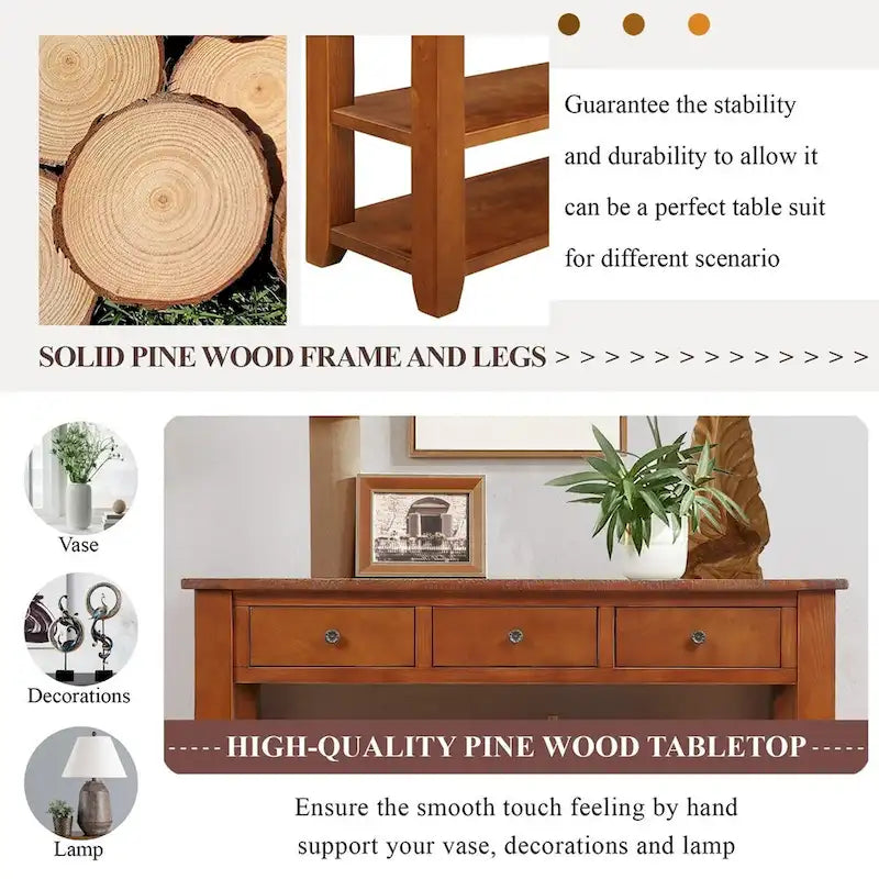 48 Solid Pine Wood Top Console Table with 3 Storage Drawers