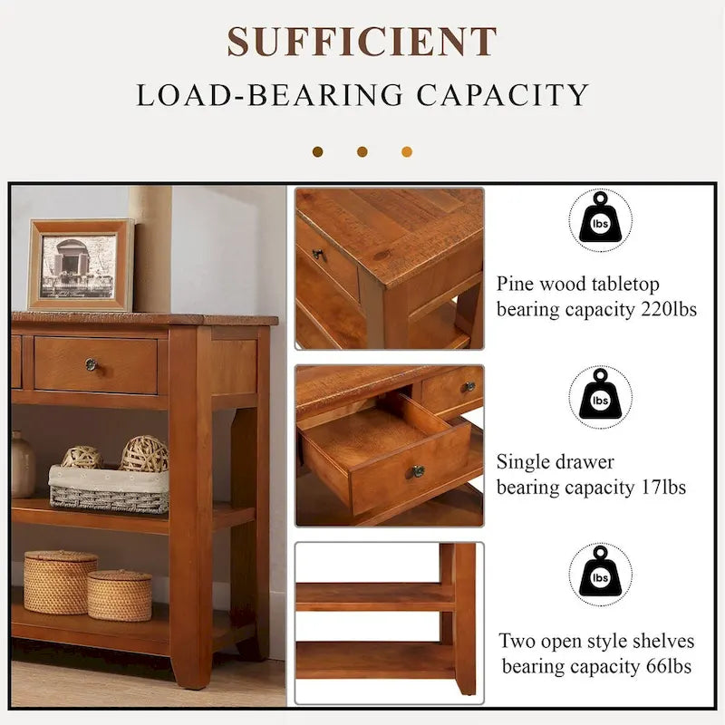 48 Solid Pine Wood Top Console Table with 3 Storage Drawers