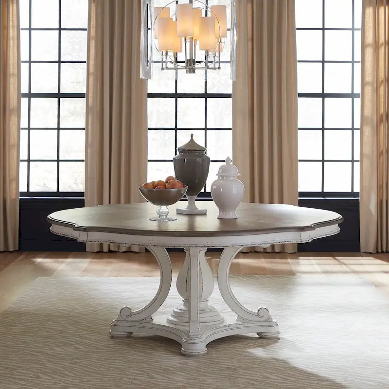 Magnolia Manor Antique White and Weathered Bark Round Table Set