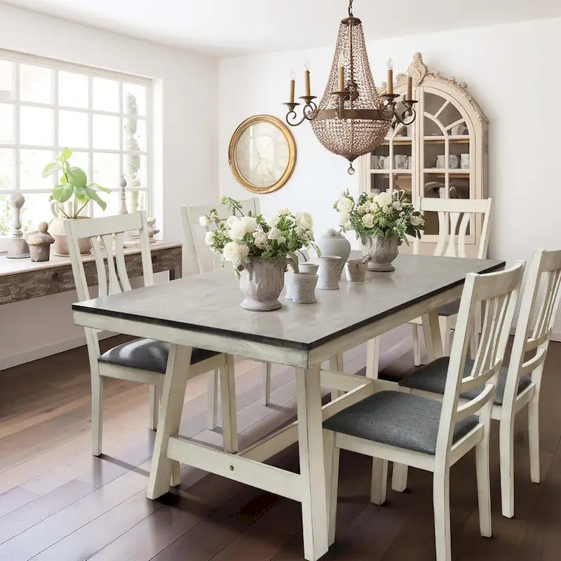 64.5 Rectangular Distressed Off White and Rubberwood Dining Table - 29.25 H x 64.57 W x 35.43 D