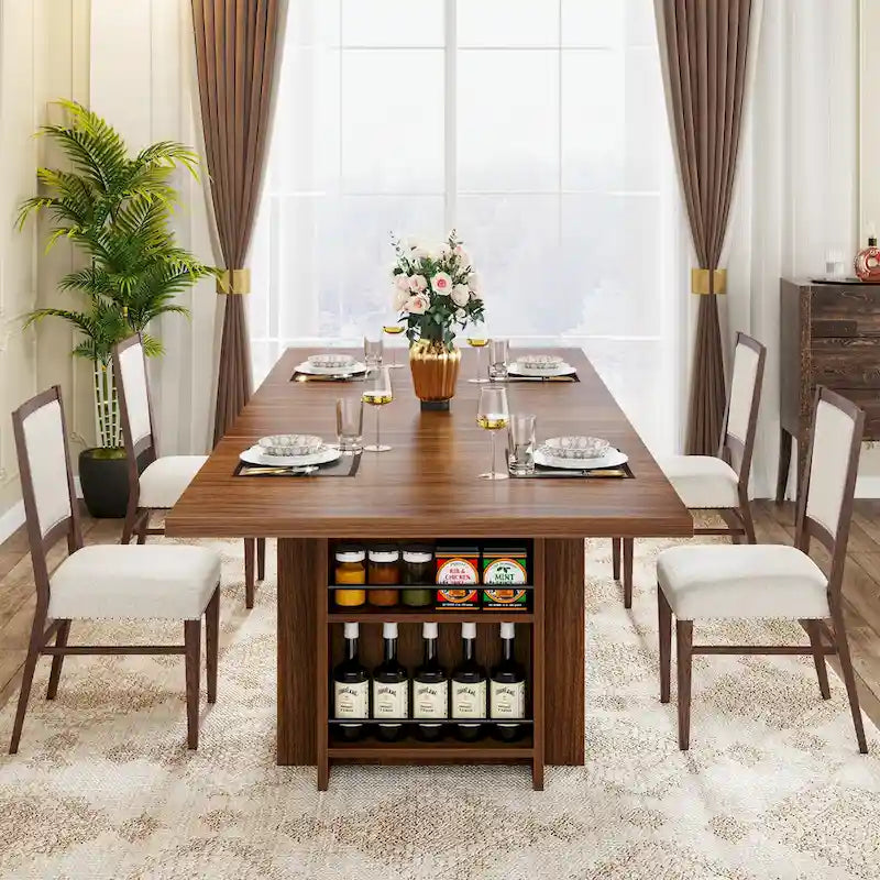 Table de salle à manger de ferme pour 6 personnes, table de cuisine rectangulaire en bois de 160 cm avec rangement