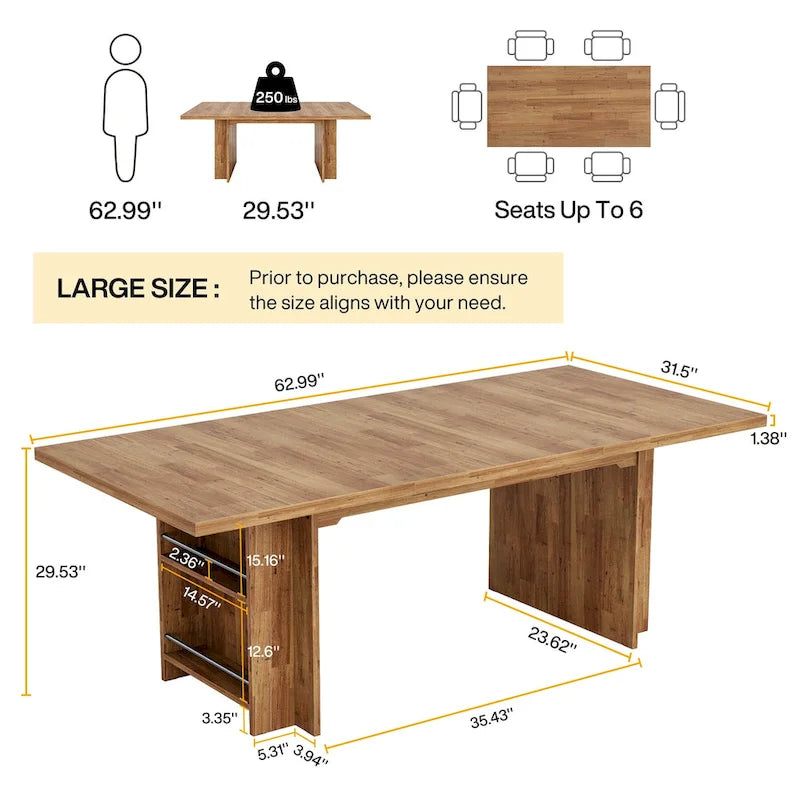 Table de salle à manger de ferme pour 6 personnes, table de cuisine rectangulaire en bois de 160 cm avec rangement