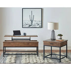 1 Drawer Wood End Table in Brown Oak and Sandy Black
