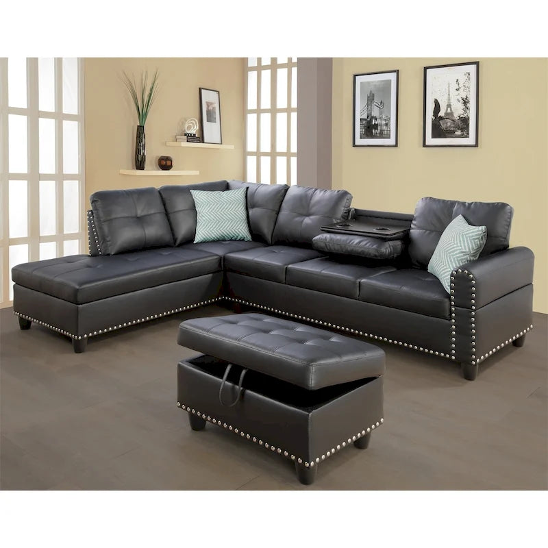 Canapé d'angle en similicuir avec pouf et 2 oreillers