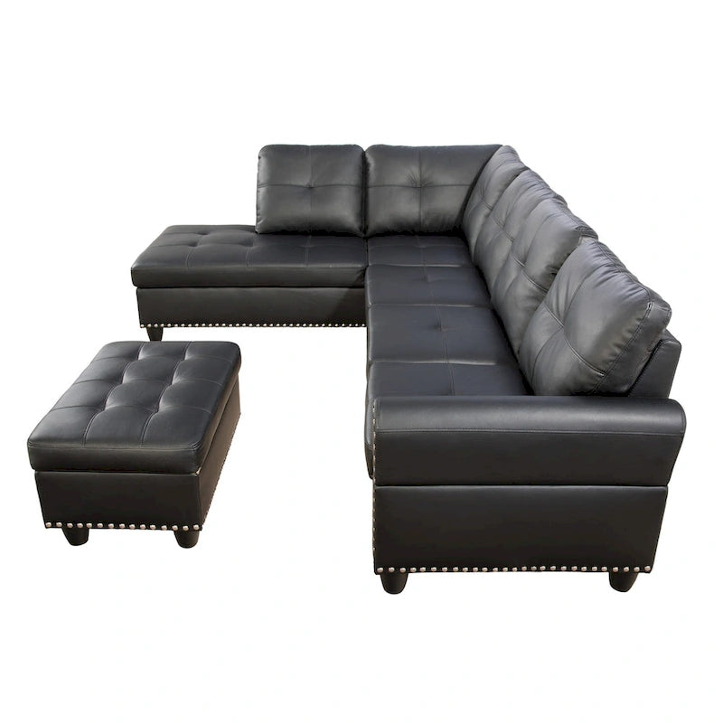 Canapé d'angle en similicuir avec pouf et 2 oreillers