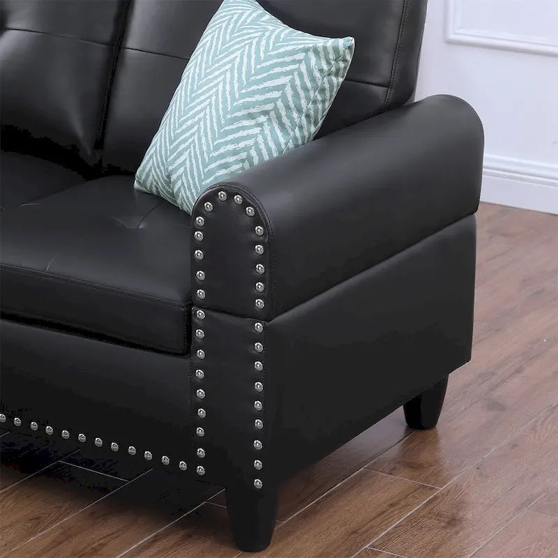 Canapé d'angle en similicuir avec pouf et 2 oreillers