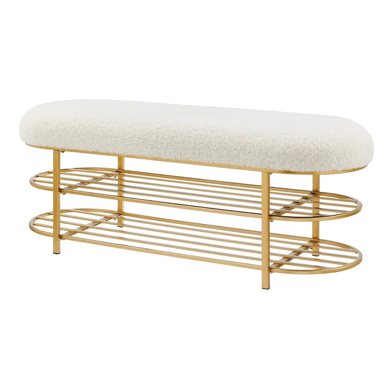 Banc en tissu frisly et peau de mouton avec étagère