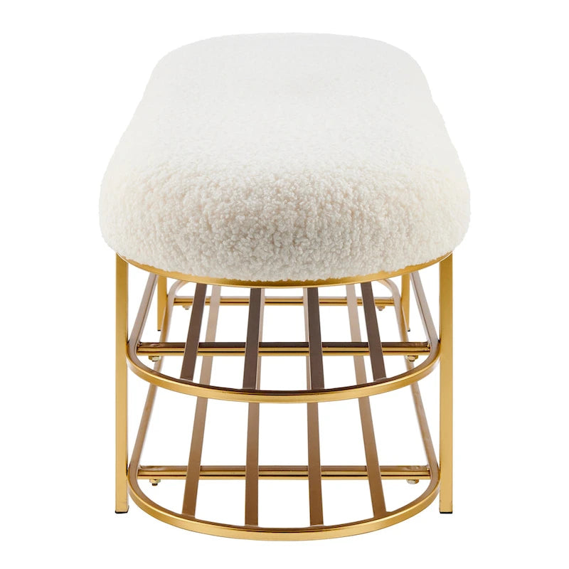Banc en tissu frisly et peau de mouton avec étagère